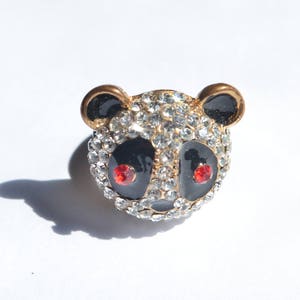 Vintage Gold Tone Black Enamel Red Clear Rhinestone Panda Chunky Ring Size 8 Adjustable