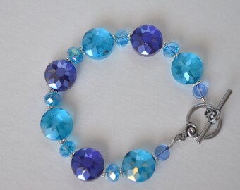 Vintage Sterling Silver Aurora Borealis Faceted Blue Purple Crystal Bead Bracelet
