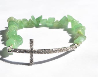 Vintage Natural Genuine Green Jade Jadeite Bead Sterling Silver Cubic Zirconia CZ Cross Religious Bracelet