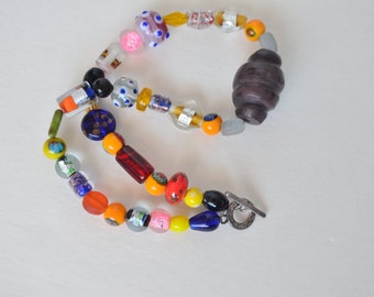 Vintage Sterling Silver Venetian Millefori Moretti Yellow Red Murano Foil Glass Bead Necklace