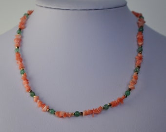 Vintage Natural Pink Salmon Coral Genuine Translucent Green Jadeite Jade Bead Necklace