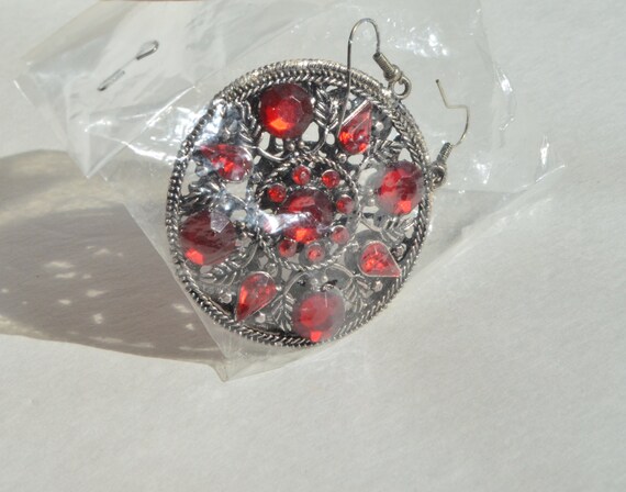Silver Tone Ruby Red Rhinestone Flower Leaf Desig… - image 4