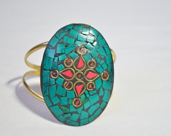 Vintage Handmade Green Red Black Turquoise Cabochon Gemstone Inlay Chunky Brass Cuff Bracelet