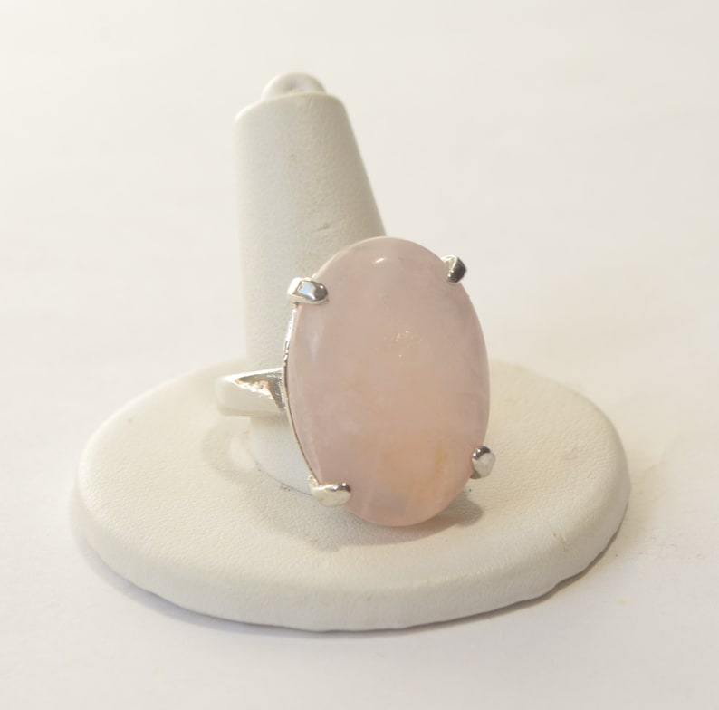 Vintage Chunky Silver Plate Natural Pink Rose Quartz Gemstone Ring Size 10