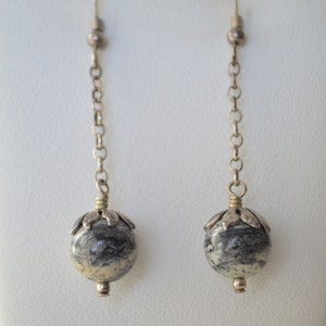 Vintage Sterling Silver Grey Yellow Natural Jasper Gemstone Hook Pierced Earrings