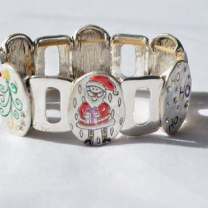 Vintage Silver Red White CHRISTMAS Enamel Red Pink Clear Rhinestone Holiday Santa HO HO Stretch Bracelet