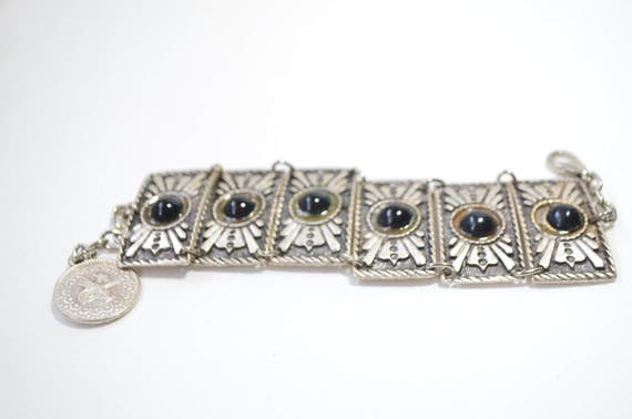 Vintage Silver Carved panel Black Bead Link Brace… - image 2