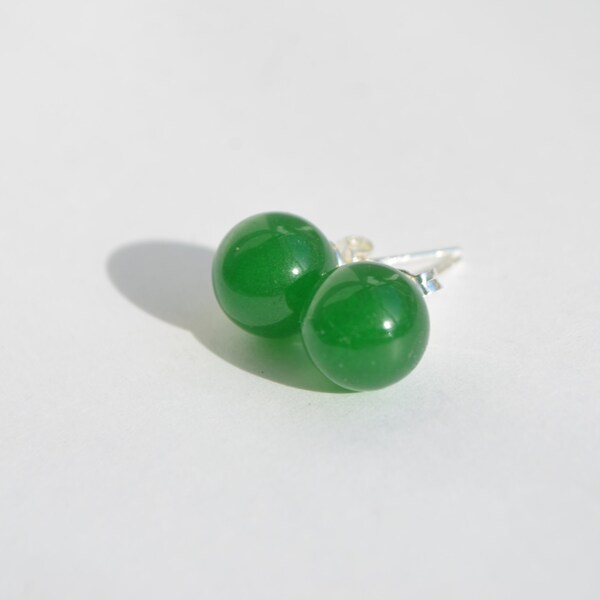Vintage Sterling Silver 925 Natural Genuine Green Jade Jadeite Ball Stud Earrings