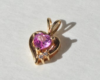 Vintage 10 K Solid Yellow Gold Pink Tourmaline & Diamond Heart Pendant