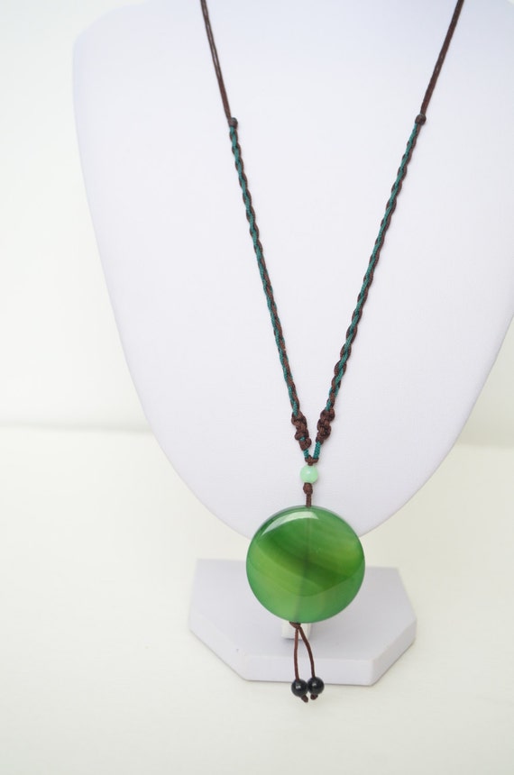 Vintage Green Lace Agate Jade Gemstone Rope Neckl… - image 2