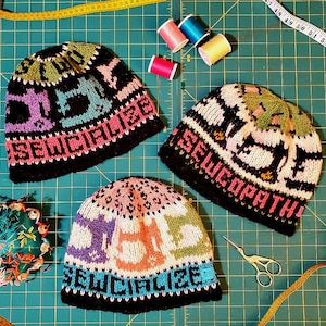 May include: Three colorful knitted hats with different patterns and designs. The hats are black with pink, green, blue, and white accents. The hats have text on them that reads "Benjamin", "Sue McGrath", and "Sue McGrath".
