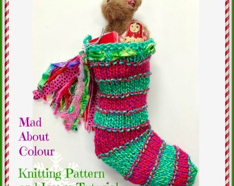 Christmas Stocking KNiTTING PaTTERN Stripe Xmas Sock PDF PaTTeRN Holiday Decor PaTTeRN Image TuTORiAL Tassel Ribboned Christmas Sox PaTTERN