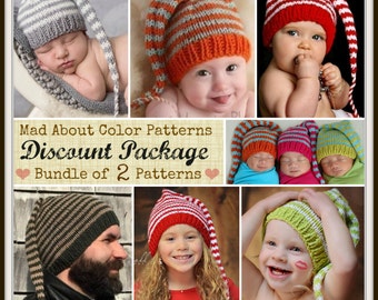 2 KNiTTING PATTERNS DEAL Stocking Hat PaTTeRN TUTORiAL 6 sizes Newborn to Adult STRiPE MuNCHKiN CaP PDF Long Beanie PaTTeRN BuNDLE Sm Med Lg