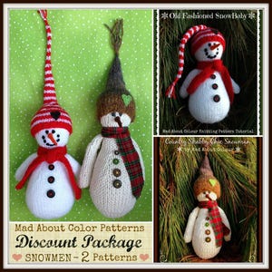 Könnte beinhalten: Zwei gestrickte Schneemann-Muster, eines mit einer rot-weiß gestreiften Mütze und das andere mit einer braunen Mütze und einem karierten Schal. Die Muster sind mit "Old Fashioned SnowBaby" und "Country Shabby Chic Snowman" betitelt.