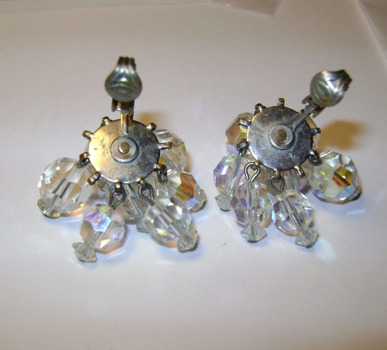 Vintage Cha Cha Waterfall AB Faceted Glass Crystal Clip Earrings