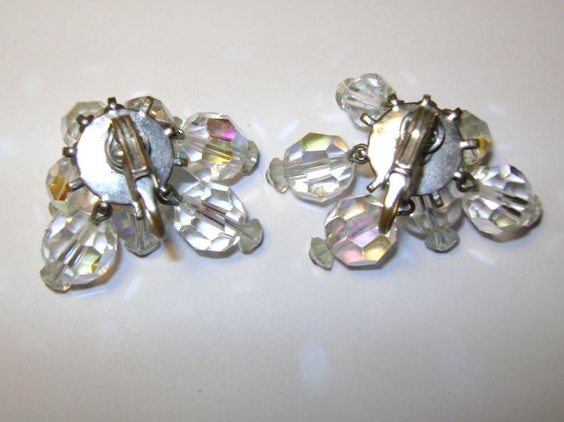 Vintage Cha Cha Waterfall AB Faceted Glass Crystal Clip Earrings