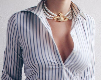 Vintage Y2K White Blue Pinstripe Button-Up Shirt | Bella Hadid Office Siren Style