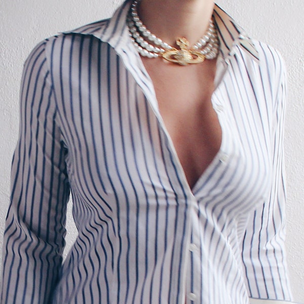 Vintage Y2K White Blue Pinstripe Button-Up Shirt | Bella Hadid Office Siren Style