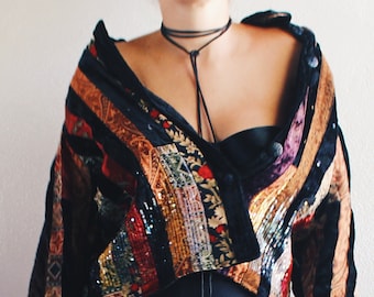 Vintage Black Velvet Patchwork Jacket - 90s Grunge WhimsyGoth Style