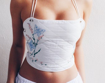 Upcycled Vintage Placemat Tank – Wear vintage Embroidered Art - Reworked quilted crop top