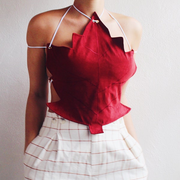 Fall Whimsy: Upcycled Maple Leaf Crop Top from Vintage Placemat for Eco-Chic Bliss!