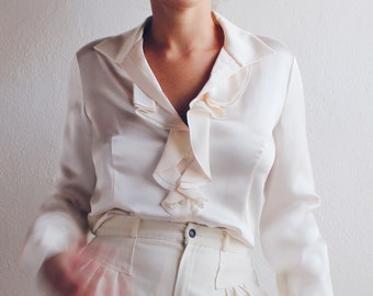 Cream Silk Ruffle 80s blouse / Ivory ruffled silk button up shirt / Victorian Renewer 80s Ruffled Prince Shirt