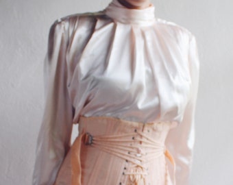 Vintage Pearl Pink High Neck Pleated Blouse - 90s Romantic Professional Style