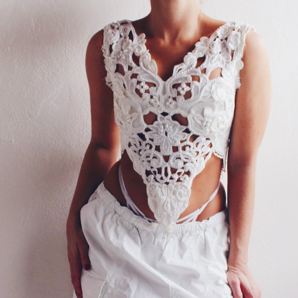 Victorian upcycled wedding dress Lace tank/  pearl venetian lace reworked crop top / Ornate sleeveless cream venetian lace shirt