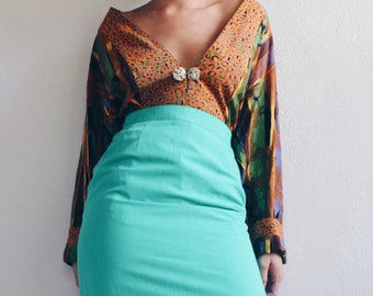 Turquoise high waisted pencil skirt / Teal Blue Vintage 80s midi skirt