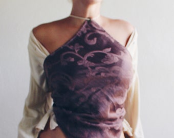 Brown Baroque Print Reworked French hanky hem shirt / Upcycled Bandeau Tapestry Haltar Crop Top