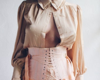 Blush Dust Victorian High Neck Blouse / ruffled peach Edwardian Blouse / coquette cottage core shirt