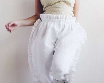 White ruffle high waisted cottagecore couture pants / quilted avant garde modernist jodhpurs