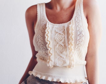 Cream knit frill tank top / ivory knit sleeveless cottage core sweater vest / Ruffle summer knit cami