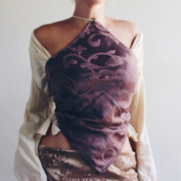 Brown Baroque Print Reworked French hanky hem shirt / Upcycled Bandeau Tapestry Haltar Crop Top