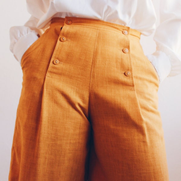 High Waisted Pleated Linen Shorts / Mustard Sailor Button style bermudas / Goldenrod double button Androgynous shorts