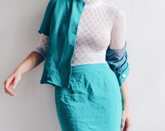 Matching silk teal midi skirt set / short sleeve silk matching skirt and shirt
