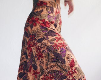 Earth Tone Rayon Floral Skirt / Plus Size Tropical 90s Midi Skirt