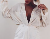 Cream silk blouse Off white silk button up Top light weight shirt