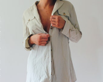 Long sage blouse / Long sleeve green shirt / Button Up Shirt dress