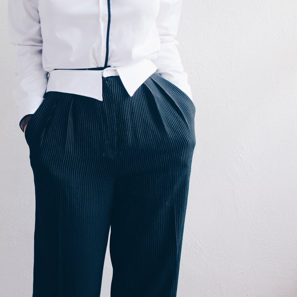Academic Formal Chic: Vintage Black Pin Striped Collar Waist Pants/ Upcycled 90s Pleated Androgynous Slacks
