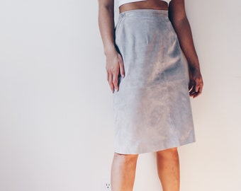 Gray leather skirt / small high waisted grey skirt / midi pencil skirt