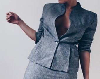 Gray wool skirt suit set / grey peplum 80s suit / business blazer skirt  Minimalist two piece set