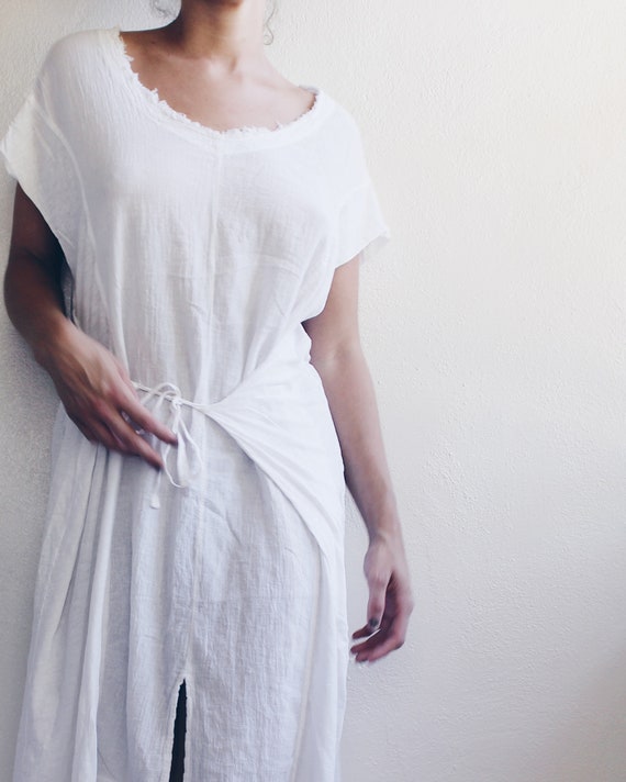 White Gauze Short Sleeve Wrap Dress / White Cotto… - image 4