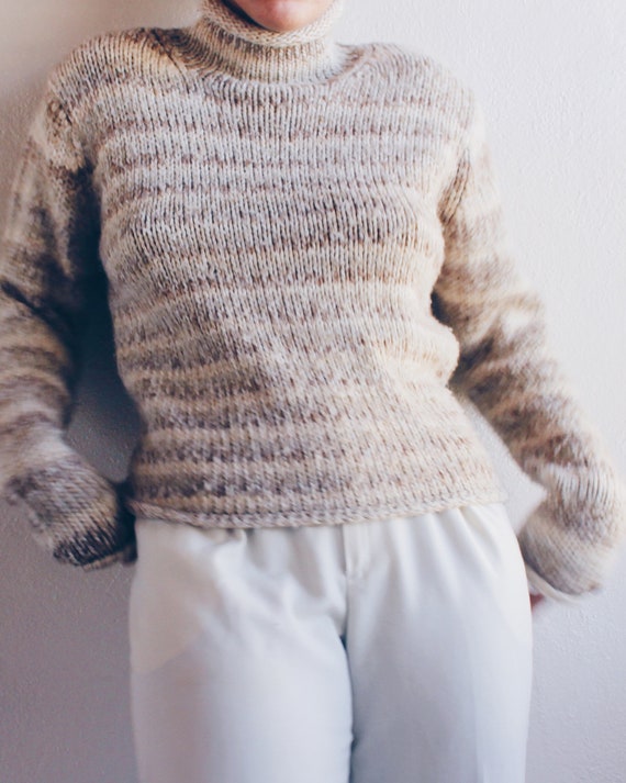 Striped Knit Wool Sweater / Beige Stripe Turtlene… - image 9