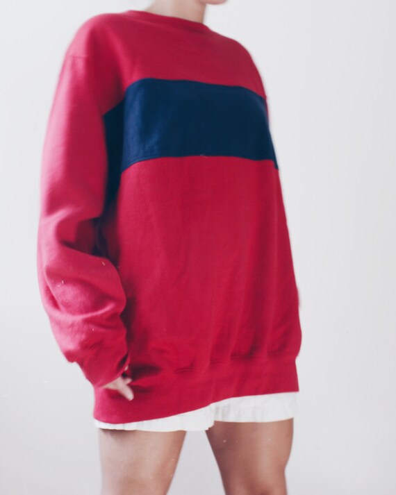 Red and blue color block retro sweater / 80s Over… - image 2