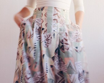 Abstract print white midi skirt / elastic waist a line skirt