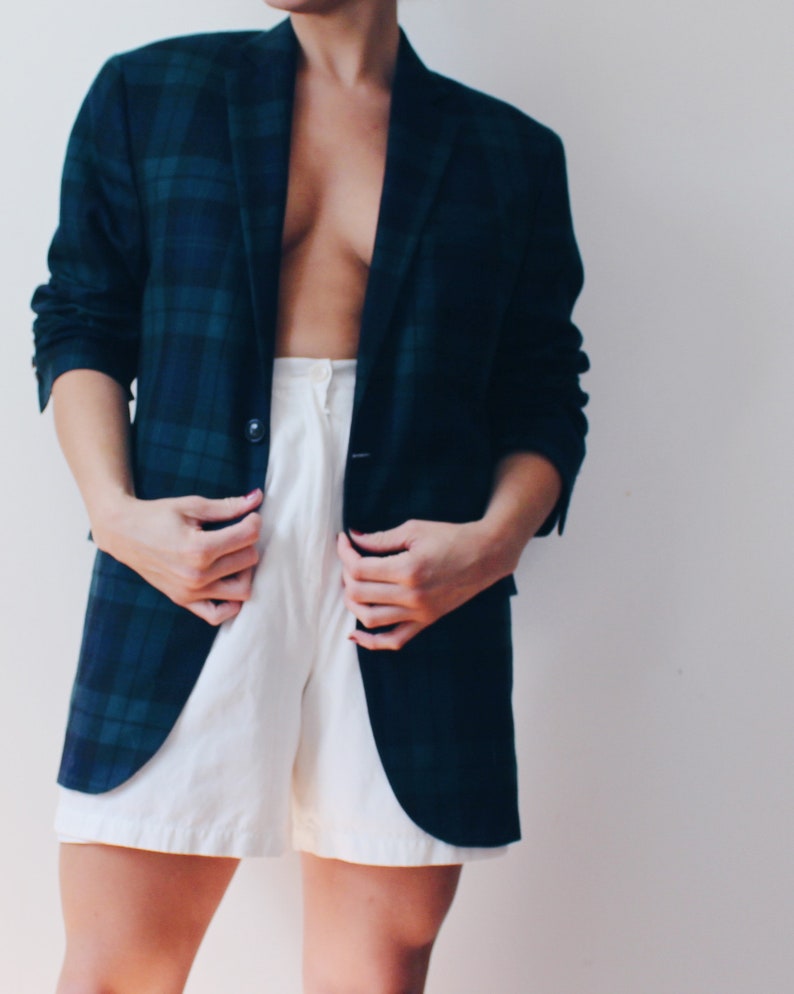 Dark Green and Blue Plaid Blazer 70s Business Suit Jacket striped prep school coat