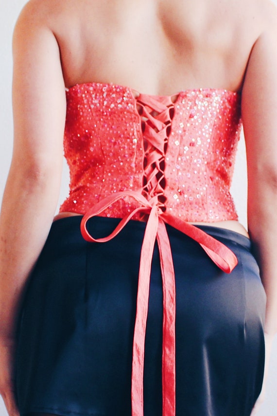 Y2K Glamour: Coral Beaded Lace-Up Formal Corset f… - image 10