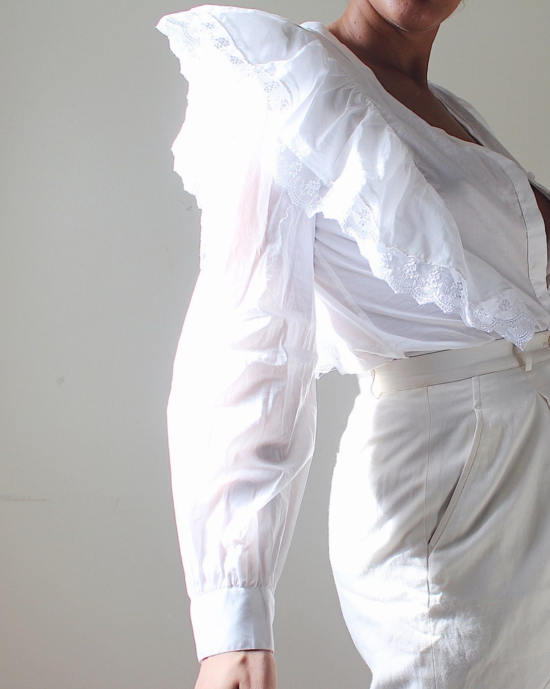 White Edwardian cotton blouse Victorian Bertha Collar Blouse Wide collar trim Edwardian Lace shirt