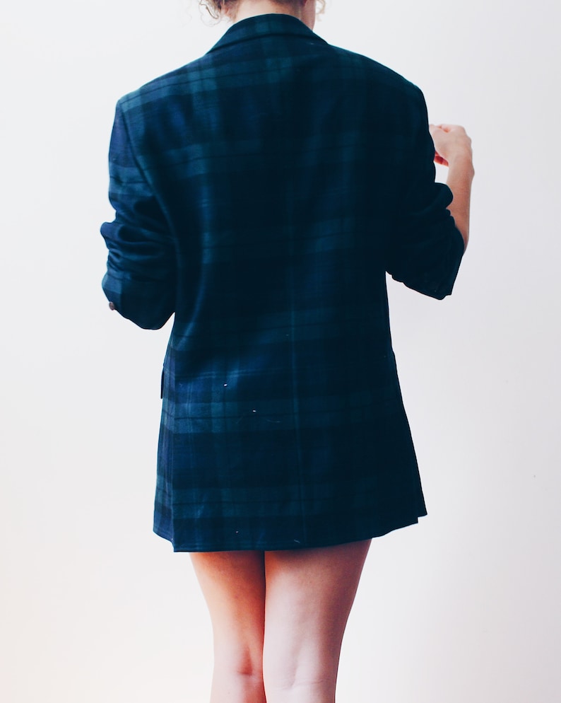 Dark Green and Blue Plaid Blazer 70s Business Suit Jacket striped prep school coat